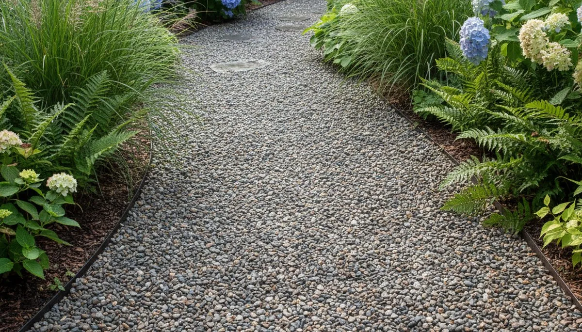 Pea gravel garden pathway with natural drainage by Chop Chop Landscaping in Nashville, Tennessee