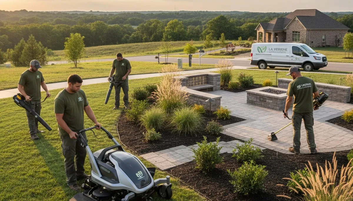 Nashville, TN landscaping service team maintaining a residential lawn for a clean, professional finish
