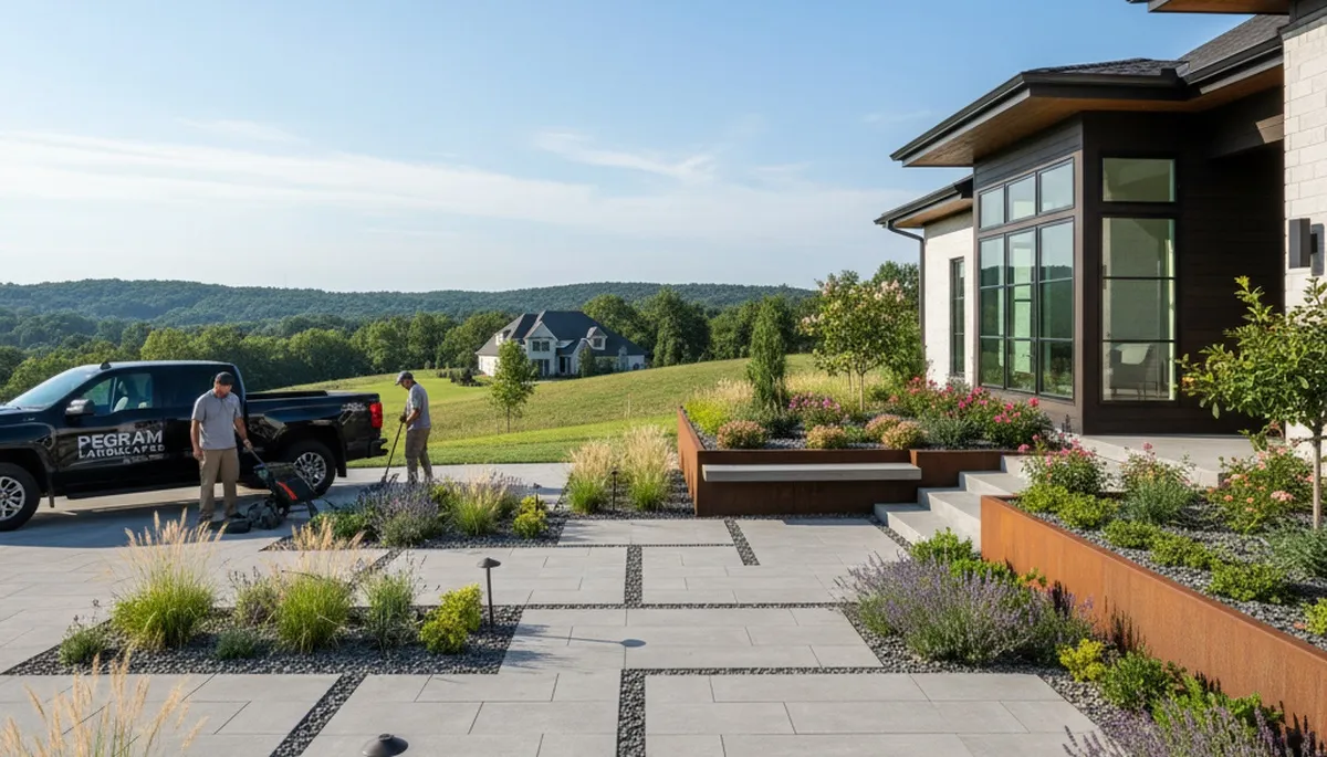 Nashville, TN landscaping crew maintaining a residential lawn with professional lawn service tools