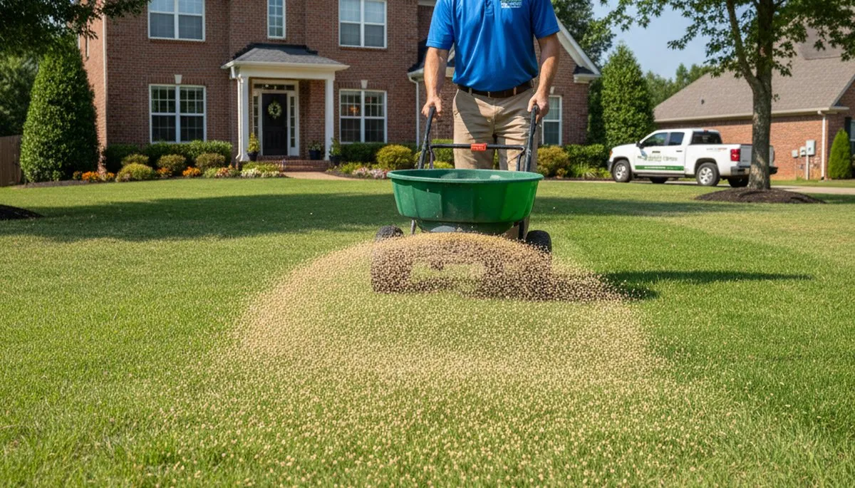 Professional applying fertilizer with broadcast spreader on Nashville TN lawn for even growth
