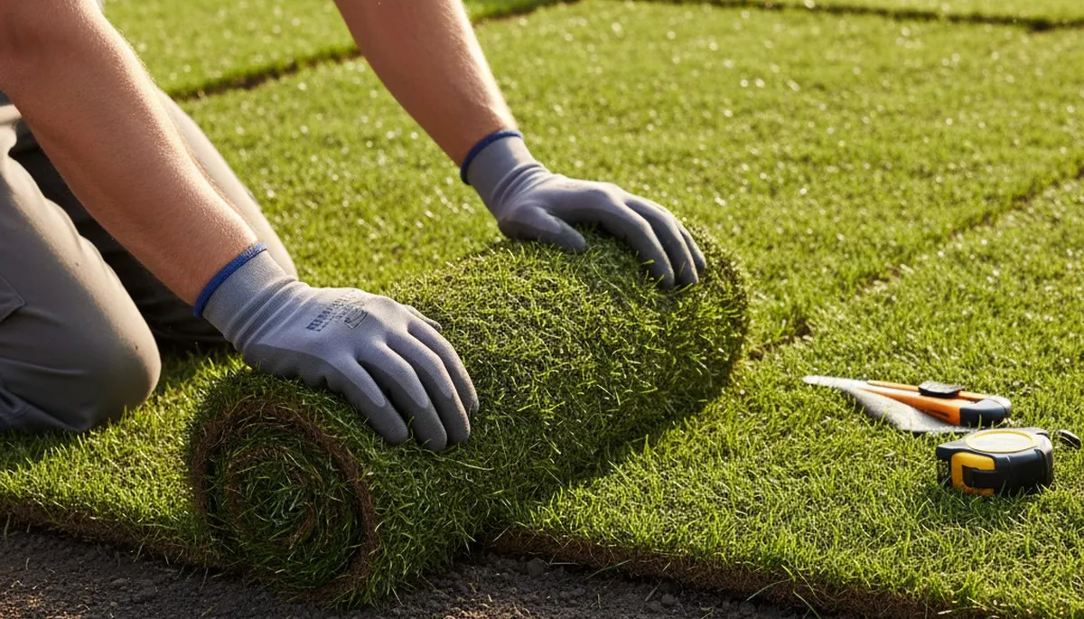 Professional landscaper installing fresh sod rolls with expert technique in Nashville, TN lawn